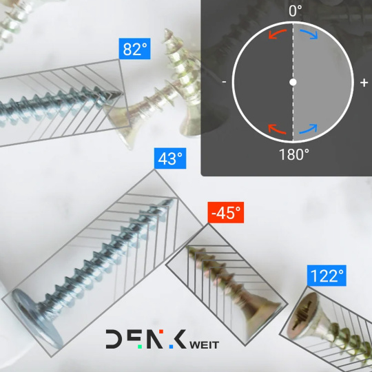 Various screws in different orientations with angle readings.