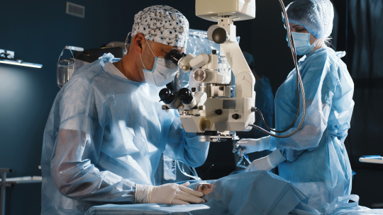 Medical staff perform eye surgery using an operating microscope.