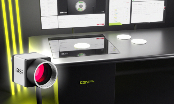 COMI Label Reader (desktop scanner), 3 yellow light strips, uEye camera (front)