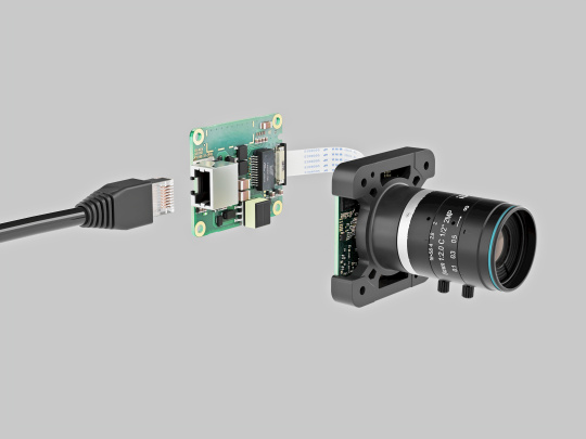Modular industrial camera system with lens, sensor module, daughterboard and Ethernet interface for flexible image processing solutions