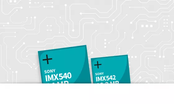 Stylised illustration of a circuit board, below two boxes with the sensor names IMX540 and IMX542