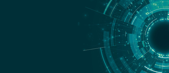Glowing turquoise digital rings on a dark teal background.
