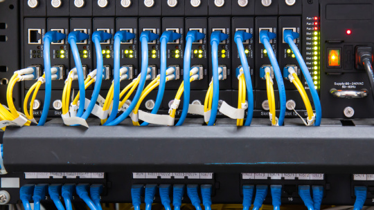 Network switch with blue and yellow cables connected