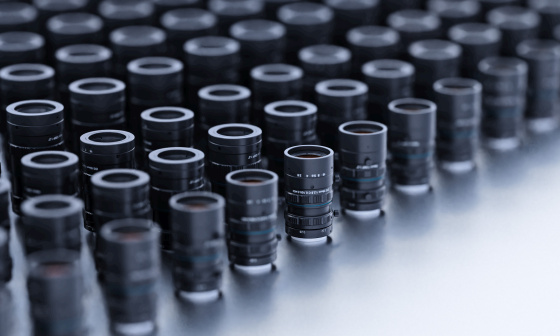 Industrial camera lenses arranged in rows