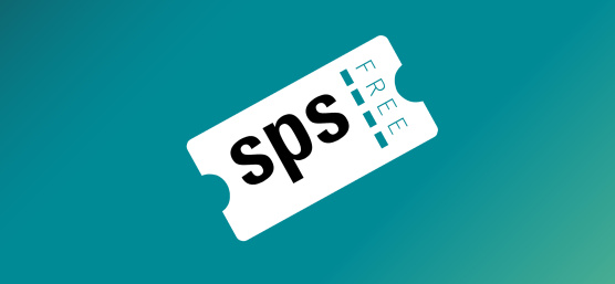 Symbolic SPS Nuremberg admission ticket on a water-blue background