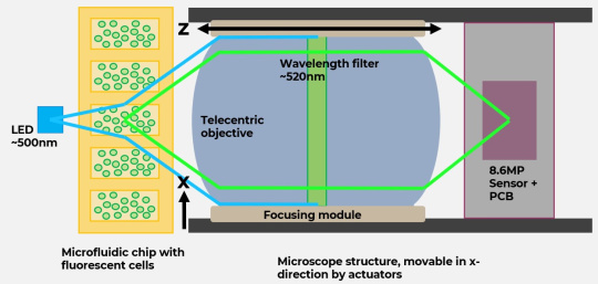 Microscope scheme for cell research with uEye XLE camera, microfliodic chip and LED