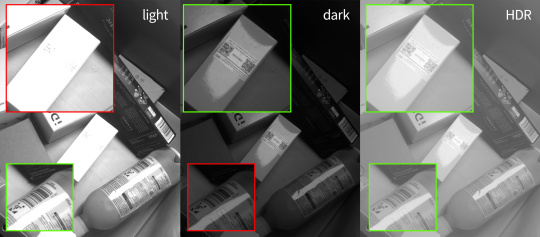 Bright and dark exposures alongside the HDR result calculated with IDS peak