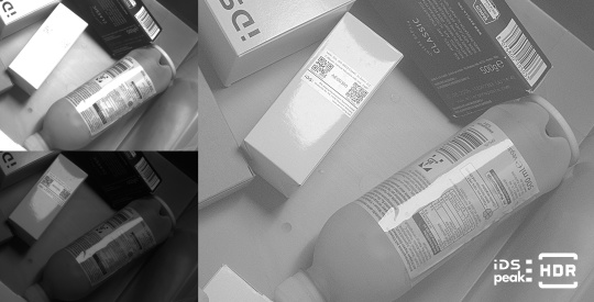 Light and dark shots of packaging and bottle plus the HDR result