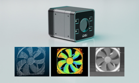 Industrial camera showing a 3D point cloud, depth image and intensity image of a rotating fan.