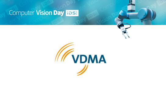 VDMA and IDS logo, Computer Vision Day, robot with gripper and IDS camera