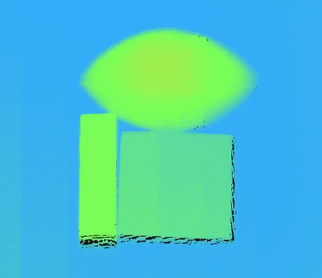 Depth map with clearly highlighted objects in green and yellow