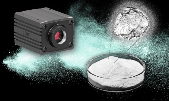 uEye Warp10 next to a Petri dish containing a very fine-grained material sample and a point cloud of a particle