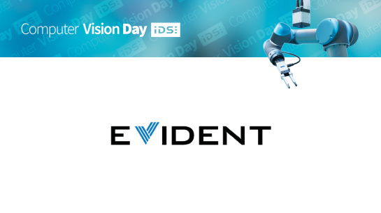 Logo Evident and IDS, Computer Vision Day, robot with gripper and IDS camera