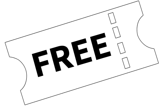 Ticket with “FREE” text in black on a white background