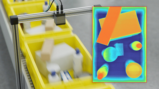 Industrial container with a coloured 3D analysis inset
