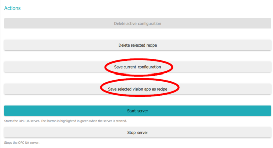 Configuration and Vision App can be saved under Actions in the red circles
