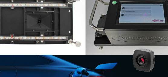 Collage with tester, WESTCAM device, electric car and industrial camera