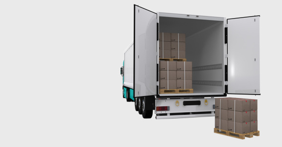 Lorry from behind with open loading area.