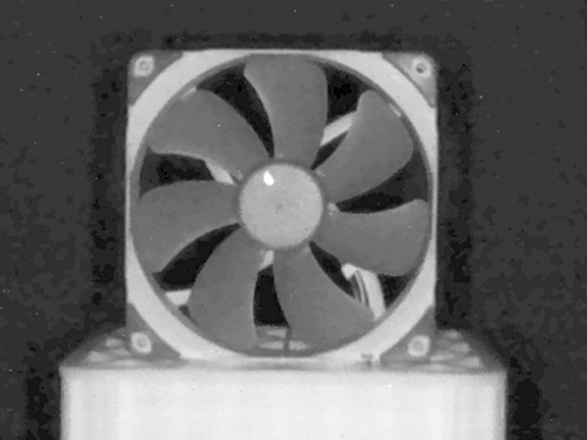 A grey intensity image from the Nion 3D camera shows a snapshot of a rotating fan blade with 7 blades.