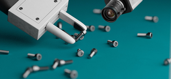 Close-up of a robotic arm gripping a screw and an IDS camera filming it.