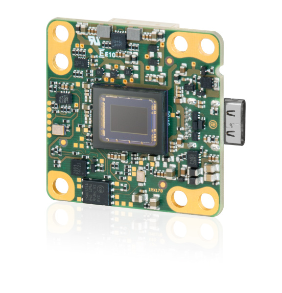 Compact board-level industrial camera from IDS with exposed image sensor and USB-C connection