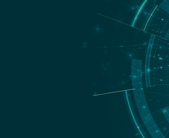 Glowing turquoise digital rings on a dark teal background.