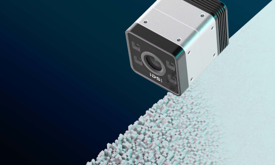 IDS iTof 3D camera in front of a background with three-dimensional elevations.