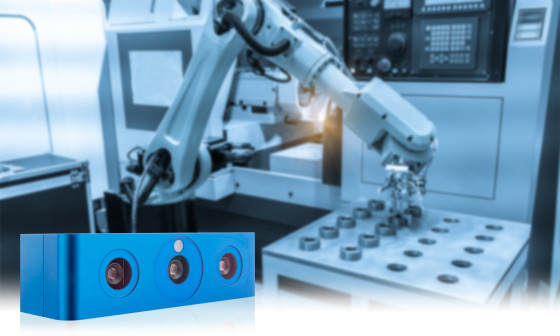 In the foreground, an Ensenso camera; in the background, a robot at work