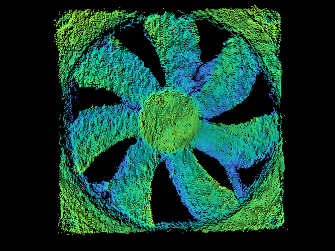 A colourful 3D point cloud of a propeller