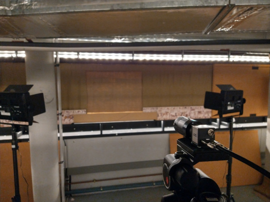 Mounted uEye camera on tripod, lights on each side at the front