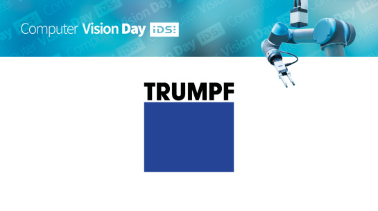 Trumpf and IDS logo, Computer Vision Day, robot with gripper and IDS camera