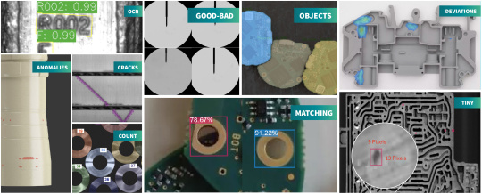 Several result images of different DENKnet AI applications show e.g. anomaly and object recognition, good/bad checks, object counting and OCR.