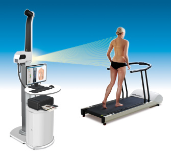 Woman on treadmill is scanned by a device with camera and laptop.