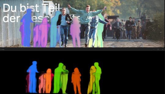A two-part image featuring coloured silhouettes of people superimposed onto a historical photograph