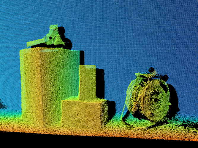 A colourful 3D point cloud of objects at different heights