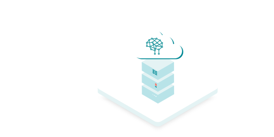 The artificial intelligence in the cloud is represented by its multi-layered levels as a box shape.