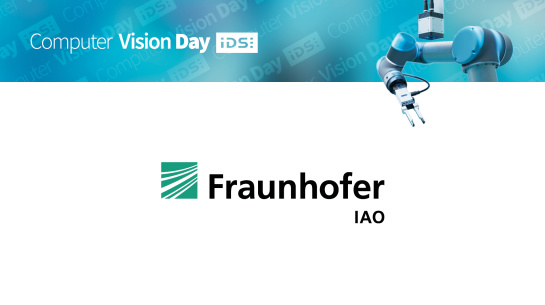 Fraunhofer IAO and IDS logo, Computer Vision Day, robot with gripper and IDS camera