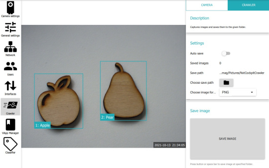 User interface of the IDS NXT cockpit, which recognises two wooden shapes - an apple and a pear - and provides them with bounding boxes and labels
