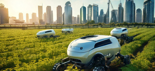 Agricultural robot in field with city skyline in the background.