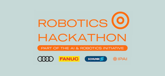 Orange text Robotics Hackathon above logos of partner companies, grey background