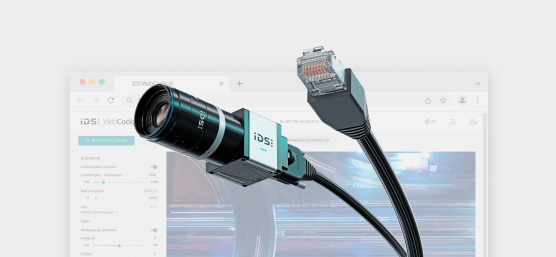 Industrial monitoring camera uEye SCP in front of a screenshot