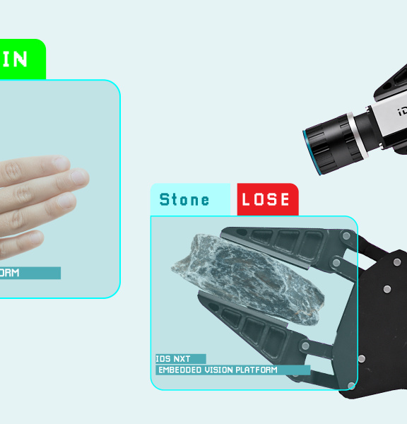 Human hand and robot arm show gestures, IDS NXT camera analyses them.