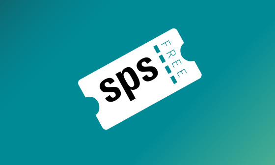 Symbolic SPS Nuremberg admission ticket on a water-blue background