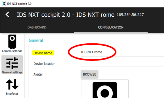 In the Generel settings, the device name IDS NXT rome is circled in red.