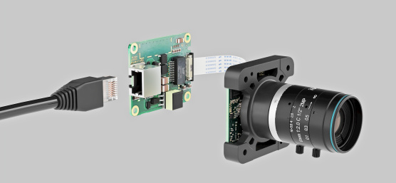 PoE-enabled daughterboard, connected to IDS single-board camera and cable