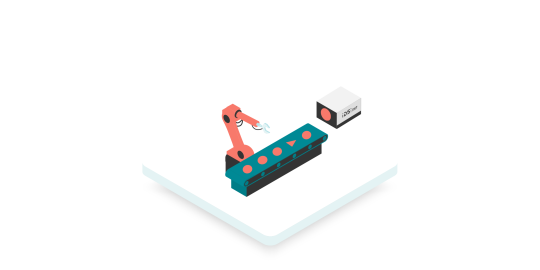 A workflow with IDS NXT camera, a conveyor belt with objects on it and a robot gripper arm.