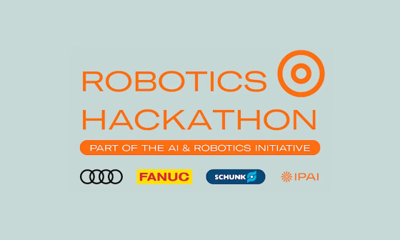 Orange text Robotics Hackathon above logos of partner companies, grey background