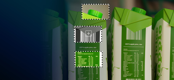 Apple juice cartons are lined up next to each other and analyzed simultaneously at different spots.