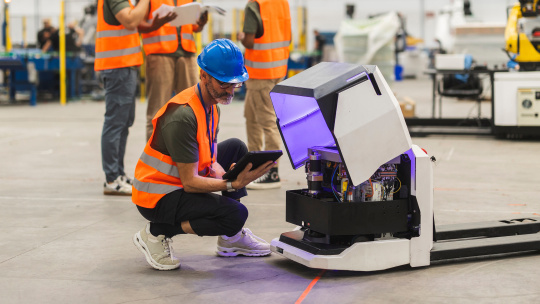 Person inspects an open mobile robot using a tablet.