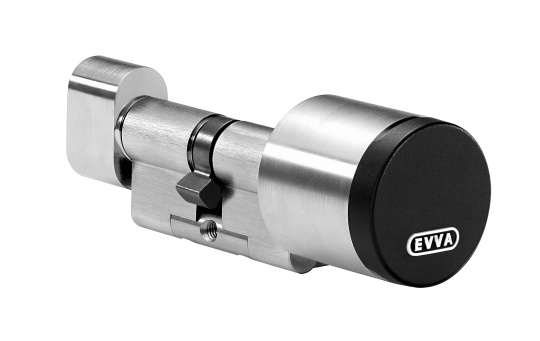 Angled metal locking cylinder with a fine surface and EVVA logo